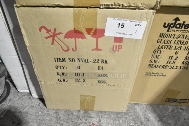 Box of 6 Update NVAL-22BK 2.2L Val-U-Air coffee air pots, stainless steel, push-button design, brand new condition.