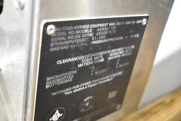 Wolf AGM36-101 Stainless Steel Griddle, 81,000 BTU; commercial countertop, natural gas, model plate details featured.