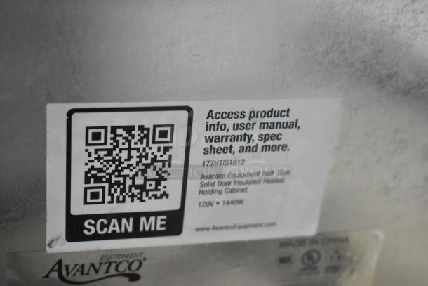Avantco 177HTIS1812 heated holding cabinet label with QR code for product info, user manual, warranty, and spec sheet.