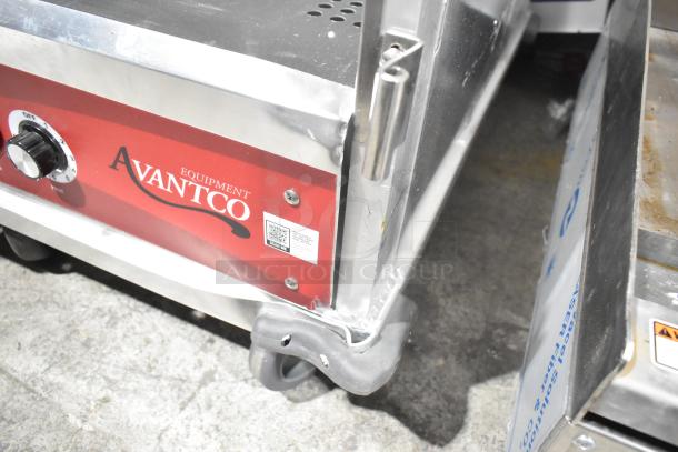 Avantco 177HTIS1812 undercounter heated holding cabinet with solid door, on commercial casters. Visible Avantco logo and control dial.