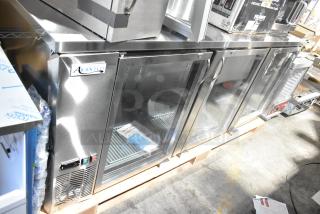 Stainless steel Avantco 178UBB4GHCS back bar refrigerator, brand new with glass damage on right door. LED lighting, 115V.