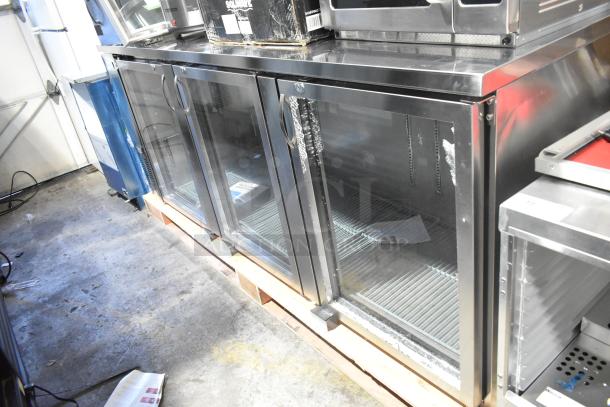 Avantco 178UBB4GHCS glass door back bar refrigerator, stainless steel with LED lighting, glass damage on right door.