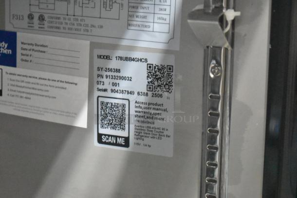 Brand new Avantco 178UBB4GHCS back bar fridge with LED lighting, stainless steel, glass damage on right door, 115V.