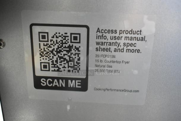 QR code label on Cooking Performance Group FCPG15N 15 lb. Natural Gas Countertop Fryer, 26,500 BTU.