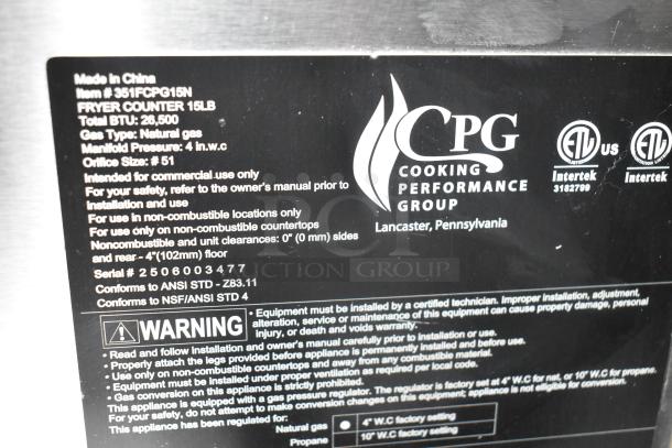 BRAND NEW 2025 Cooking Performance Group FCPG15 Natural Gas Fryer, 15 lb. capacity, 26,500 BTU, scratch and dent, with metal basket.