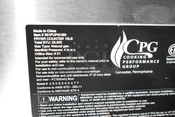 BRAND NEW Cooking Performance Group FCPG15 Natural Gas Fryer, 15 lb. capacity, 26,500 BTU, scratch and dent, with metal basket.