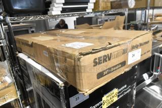 New ServIt 423SW36TLHDBLA 36" lighted double strip warmer, dual toggle controls. Box is scratched and dented. 120V, 1 phase.