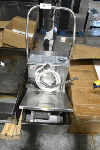 BRAND NEW Fryclone Stainless Steel Commercial Oil Filtration System on casters, with hoses and controls visible; scratch and dent condition.