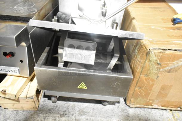 BRAND NEW Fryclone stainless steel oil filtration system on commercial casters, visible steam warning label, minor scratches.