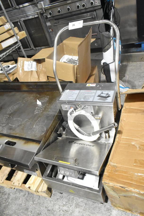BRAND NEW Fryclone stainless steel commercial oil filtration system, on casters, with minor scratches and dents.