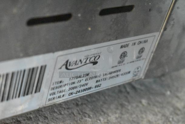 Label on Avantco 177SAL23M stainless steel salamander, 208/240V, indicating model, voltage, and serial number details.