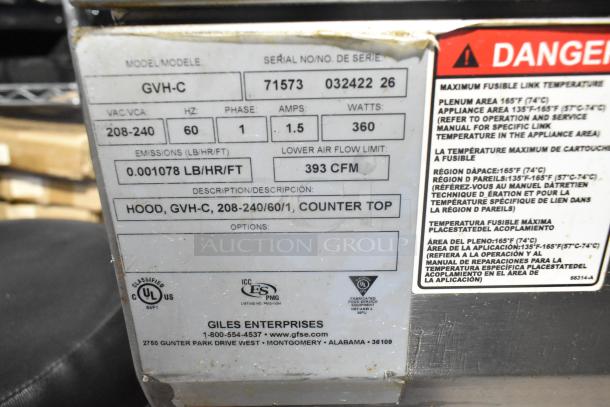 Giles GVH-C stainless steel ventless hood system with electrostatic cleaner, 208-240V, 1PH. Serial 032422 26, 393 CFM airflow.