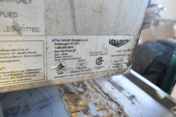 Vollrath HPA1006 stainless steel charbroiler with label showing model, serial number, and natural gas specifications. Used condition.