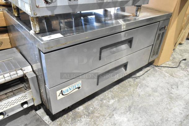 Avantco Stainless Steel 2 Drawer Chef Base on Casters, 115V, 1 Phase, commercial use, features visible brand label.