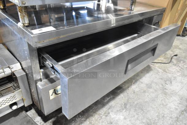 Avantco stainless steel 2-drawer chef base on commercial casters, 115V, 1-phase. Features durable finish, minor wear.