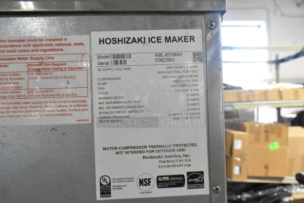 Hoshizaki KML-631MAH Ice Head on B-500SF Bin, stainless steel, 208-230V, 1 Phase, model and serial labels visible.