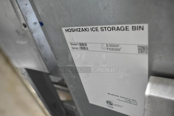 Hoshizaki KML-631MAH stainless steel ice head on B-500SF bin. Label shows model and serial number. 208-230V, 1 Phase.