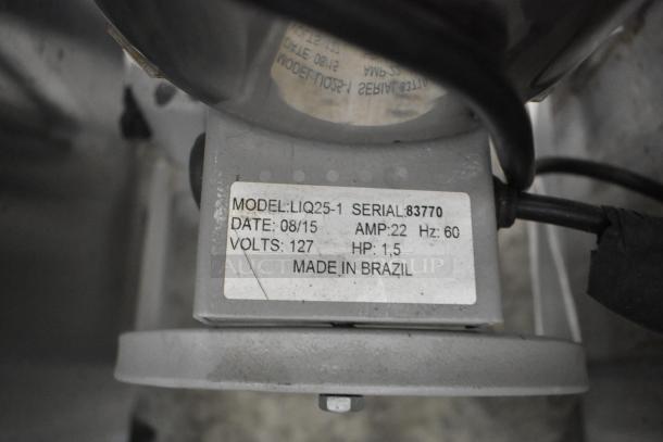 LIQ25-1 metal commercial floor unit label, 127 volts, 1 phase, 22 amps, 1.5 HP, made in Brazil, model and serial details.