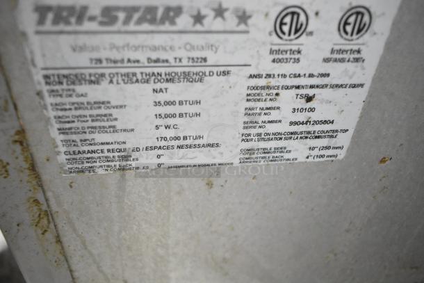 Tri-Star TSR-1 stainless steel commercial range label showing model, BTU details, and safety requirements.
