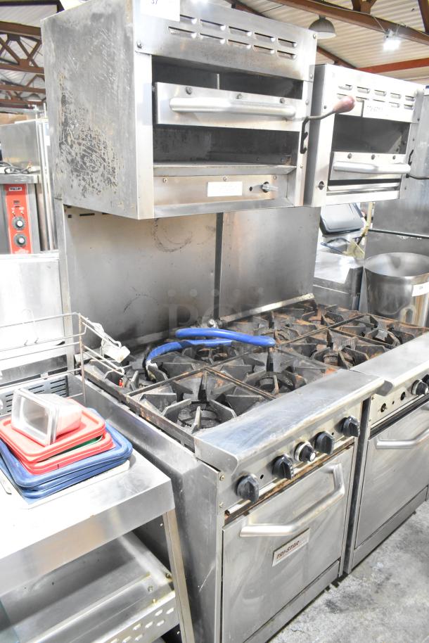 Tri-Star TSR-1 stainless steel 4-burner range with oven, salamander cheese melter, and backsplash. Commercial-grade, natural gas.