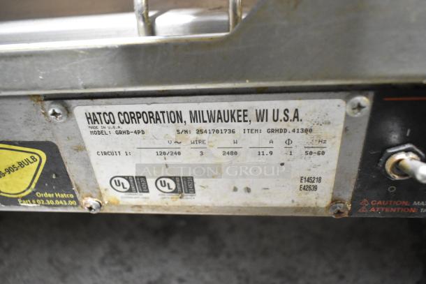 Label on Hatco GRHD-4PD commercial warming display case. Shows model, volts, phase, serial number, and UL certification.