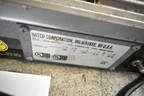 Hatco GRHD-3PD metal countertop warming display case label, showing model, voltage, and certification details.