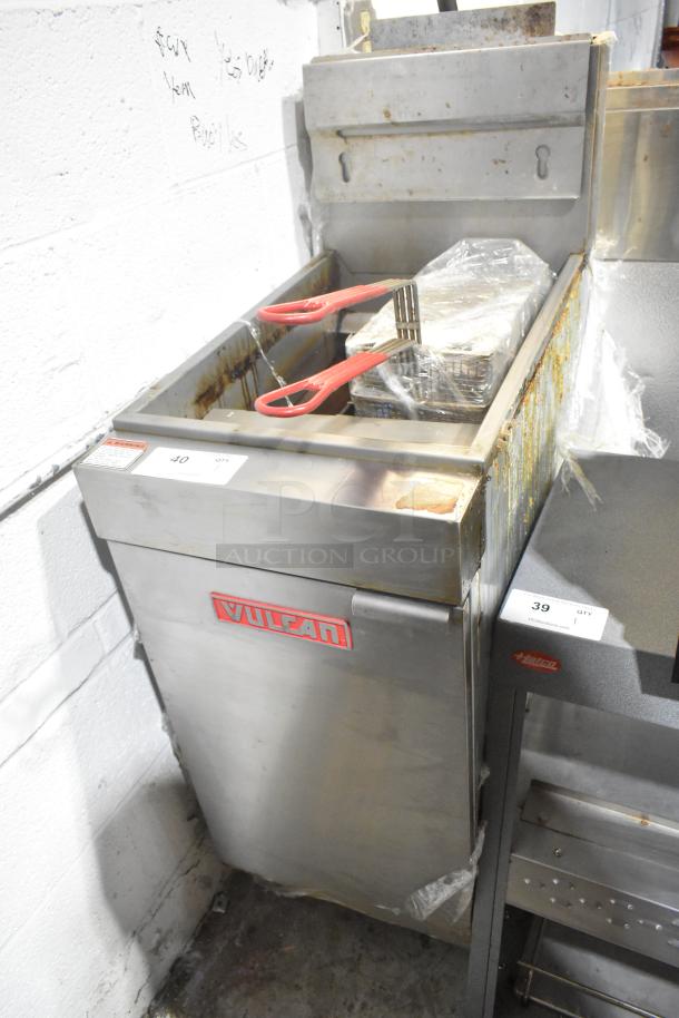 Vulcan LG300-1 stainless steel commercial deep fryer, natural gas, 90,000 BTU, with 2 metal fry baskets, used condition.