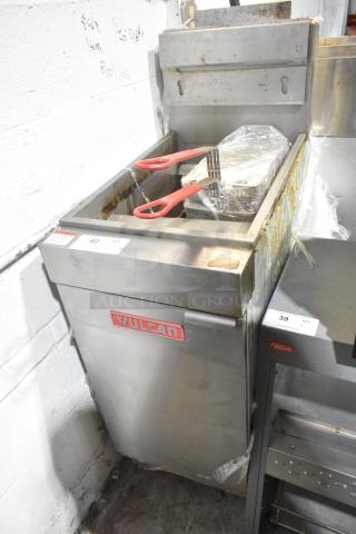 Vulcan LG300-1 stainless steel commercial deep fryer, natural gas, 90,000 BTU, with 2 metal fry baskets, used condition.