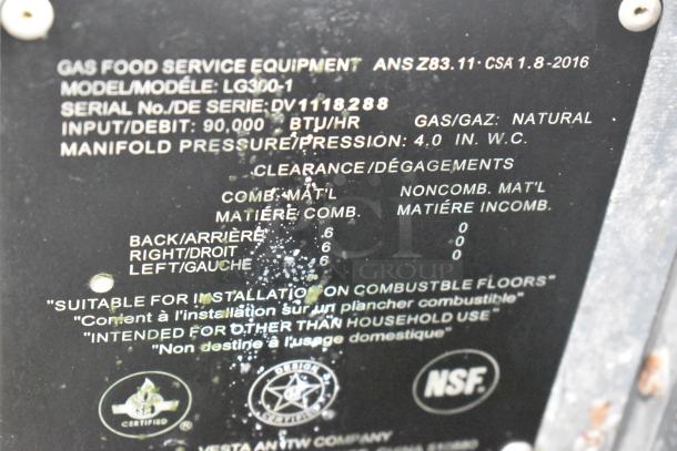 Plate of Vulcan LG300-1 deep fat fryer, indicating model, 90,000 BTU input, and natural gas use. NSF certified.