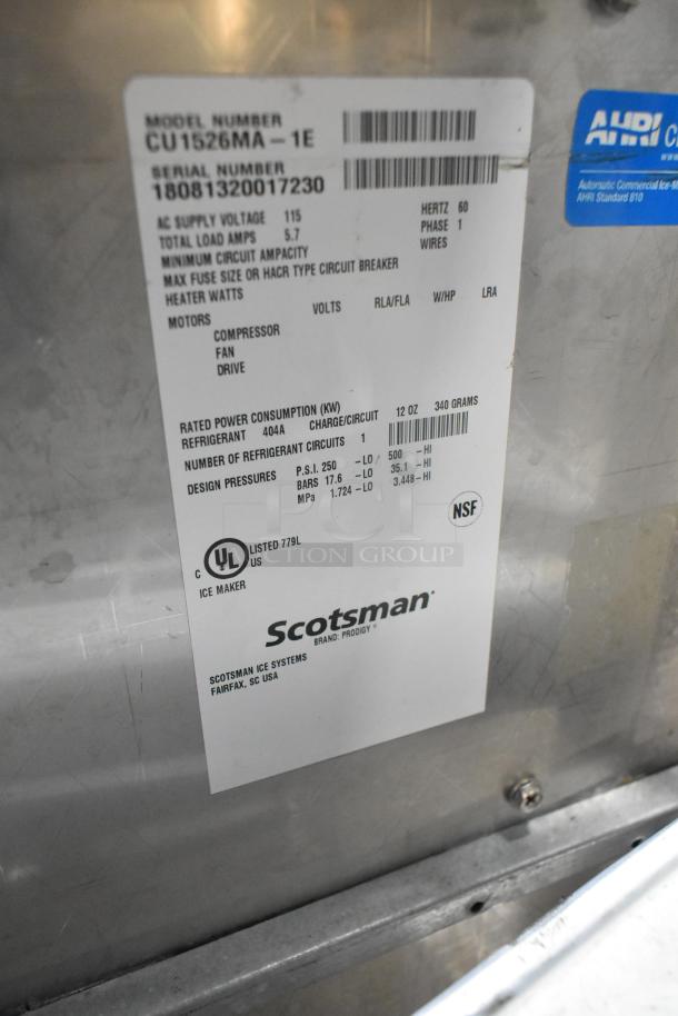 2018 Scotsman CU1526MA-1E Ice Machine label, stainless steel, 115V, 1-phase, with UL and NSF certifications visible.