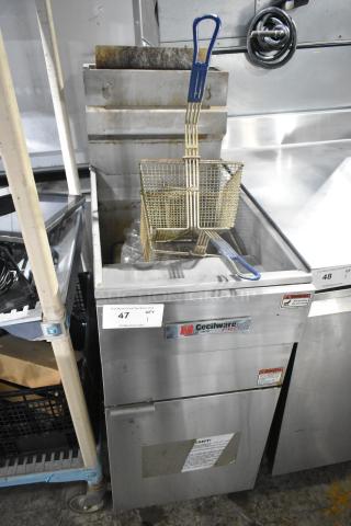 Cecilware Pro FMS504NAT stainless steel commercial gas fryer with 2 baskets, 120,000 BTU. Visible brand label, fair condition.