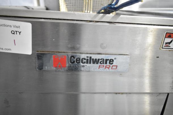 Cecilware Pro FMS504NAT stainless steel commercial fryer, natural gas, 120,000 BTU, two metal baskets, visible label.