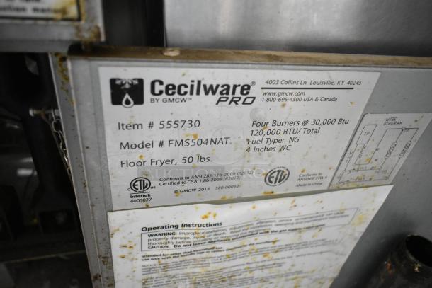 Cecilware Pro FMS504NAT stainless steel natural gas fryer, 120,000 BTU, with visible label detailing model and specifications.