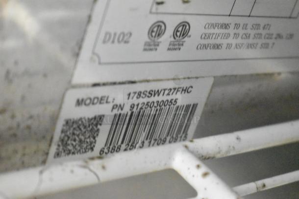 Avantco 178SSWT27FHC label showing model and certification details, indicating commercial use compliance.