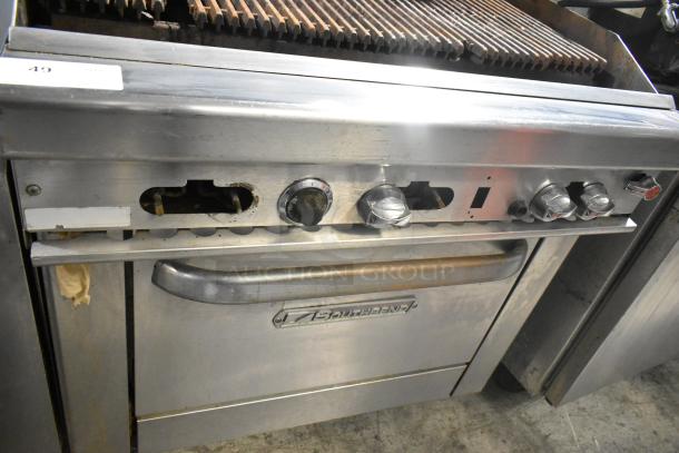 Southbend 436D-3C stainless steel commercial charbroiler grill with oven, overshelf, and backsplash on casters.