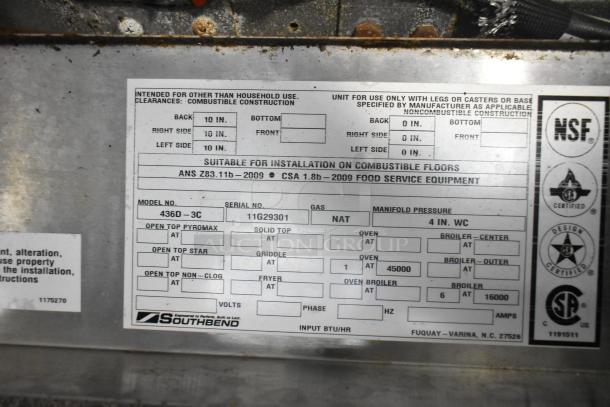 Southbend 436D-3C commercial charbroiler with oven label, shows natural gas specs, NSF and CSA certifications.