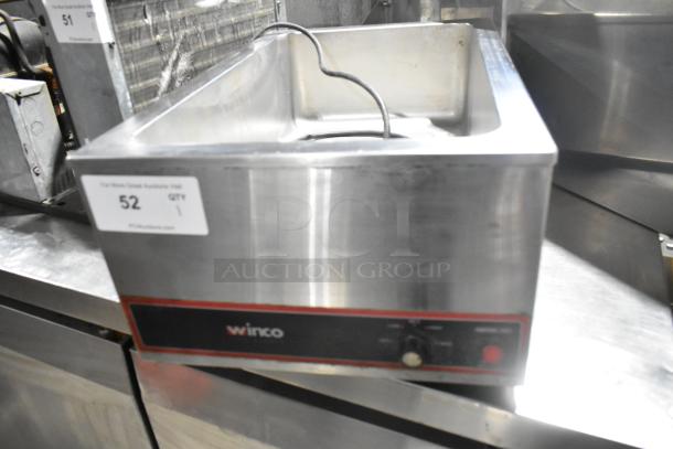 Winco FW-S500 stainless steel commercial countertop food warmer, model FW-S500, 120 volts, 1 phase, front view.