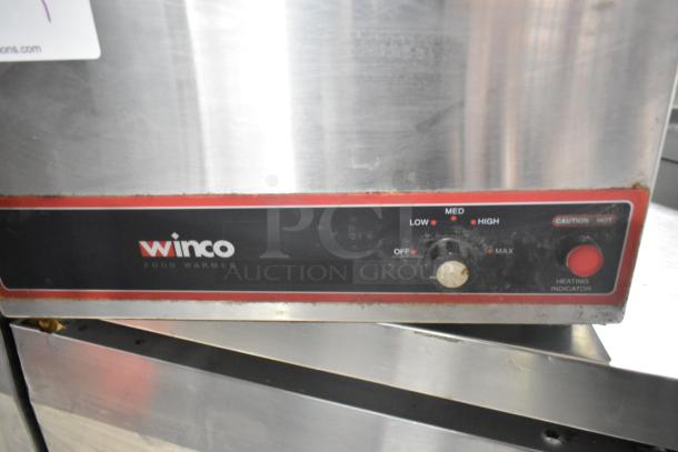 Winco FW-S500 stainless steel commercial food warmer, 120 volts, 1 phase, with adjustable temperature control knob.