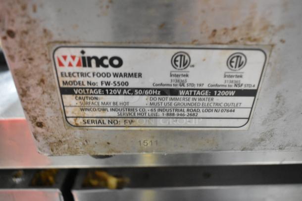 Winco FW-S500 stainless steel commercial countertop food warmer, 120V, 1 phase; model plate shows voltage and usage warnings.