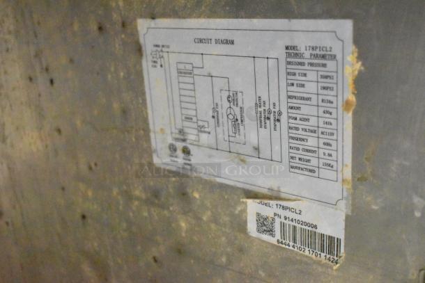 Avantco 178PICL2 stainless steel pizza prep table, 115 volts, 1 phase. Circuit diagram and technical labels visible.