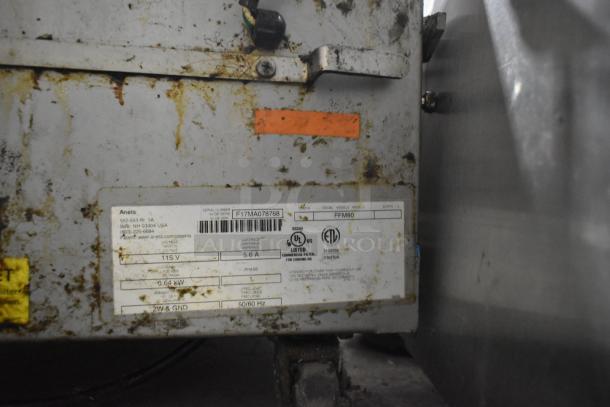 2017 Anets FFM80 Stainless Steel 80 lb Commercial Fryer Filter on casters, 115V, shows wear with visible labels indicating model and specs.