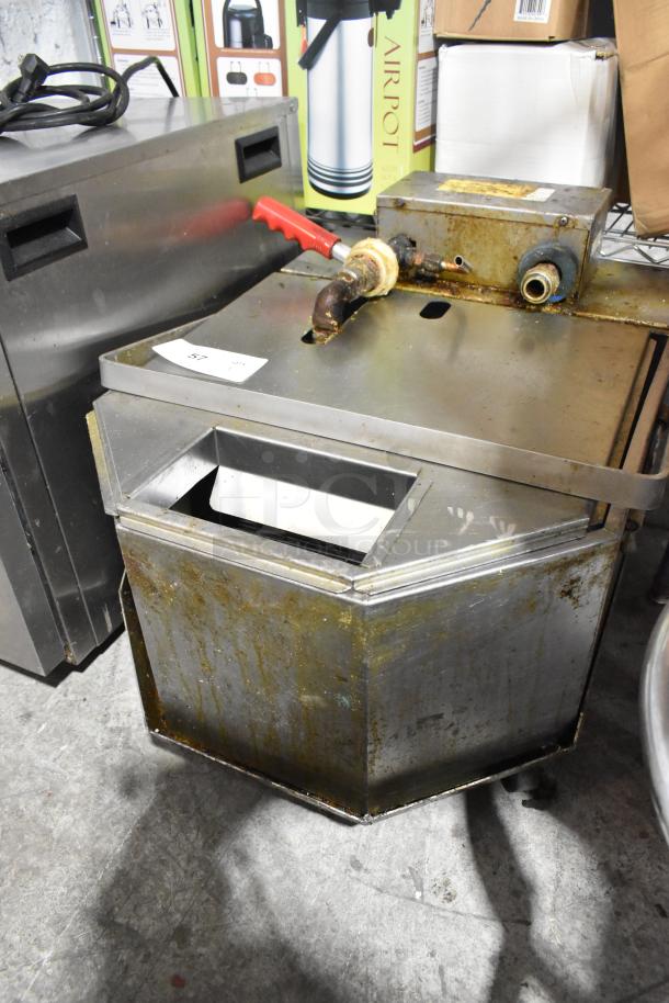Anets FFM80 stainless steel 80 lb commercial fryer filter, on commercial casters, showing some wear. 115V, 1 phase.