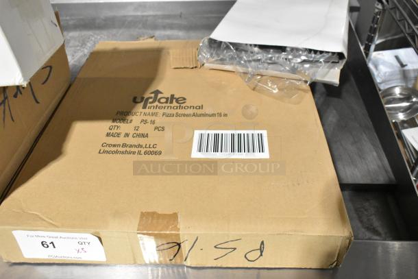 3 brand new items: Update ACS-4 acrylic cone holder, PS-16 pizza screens, WPBB-40 brushes. Visible scratches on box. Marked "Qty x3".