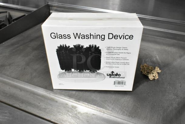 Brand new Update GWD-3 glass washing device in box. Features triple brush design, rugged use, and plastic suction base.