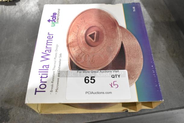 Five new Update International tortilla warmers in box. Break-resistant, microwave, and dishwasher safe. Box labeled "Tortilla Warmer."