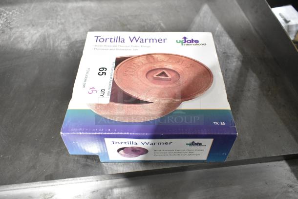 Brand new Update Tortilla Warmer in box, model TK-85, break-resistant, microwave and dishwasher safe. Quantity of 5.