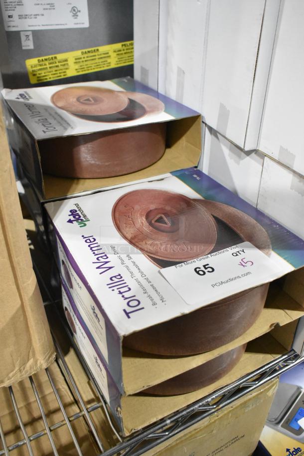 5 brand new Update Tortilla Warmers in boxes, featuring break-resistant terracotta design. Microwave and dishwasher safe.