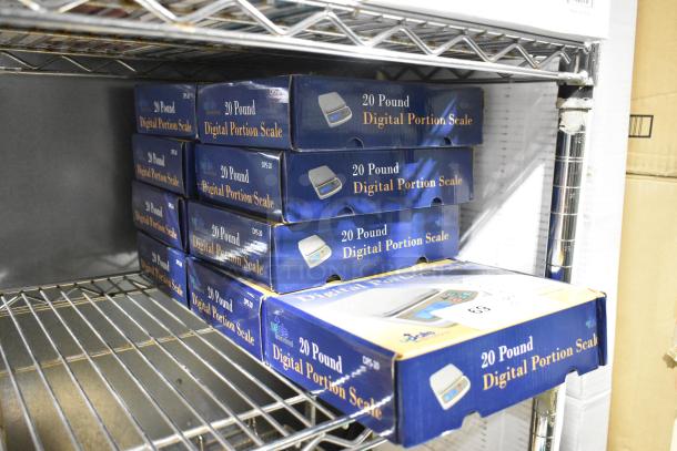 Nine new DPS-20 Digital Portion Scales in boxes on a metal shelf, each with 20-pound capacity, ready for auction.