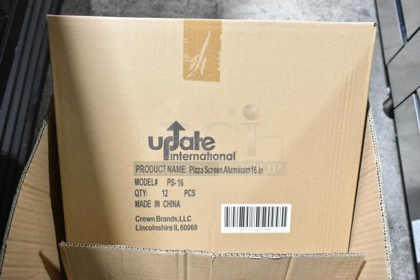 Case of six boxes of 12 Update PS-16 16" pizza screens, new scratch and dent condition, labeled in photo.