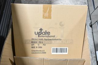 Case of six boxes of 12 Update PS-16 16" pizza screens, new scratch and dent condition, labeled in photo.